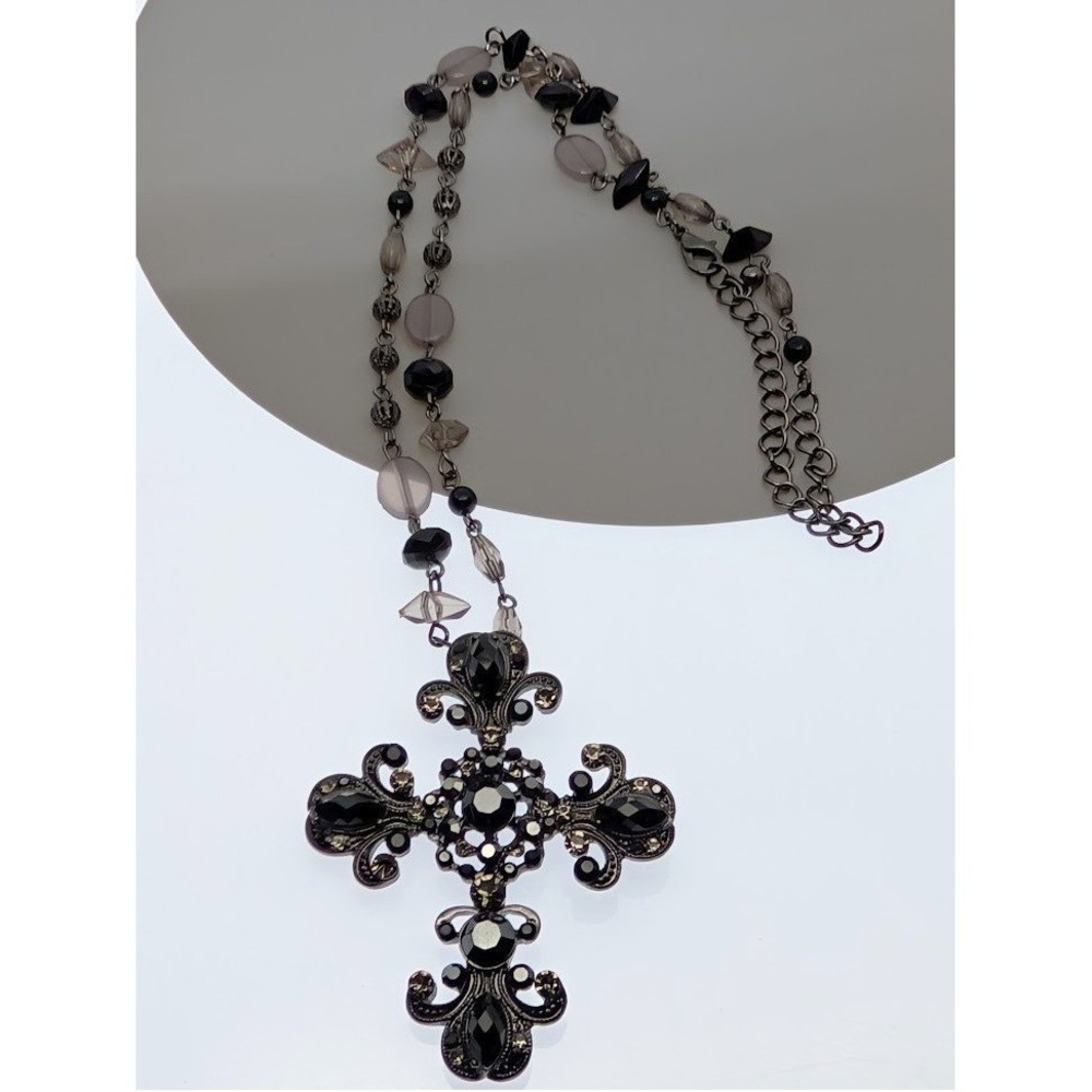 Black‎ Rhinestone Cross Necklace Beaded Gunmetal Tone Chain Whimsigoth Pendant